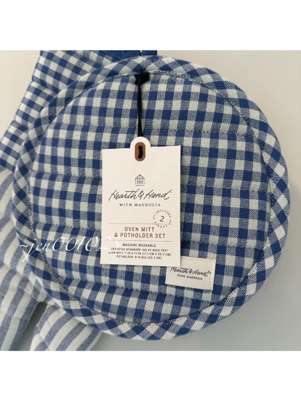 2pc Checkered Oven Mitt & Potholder Set Blue/White - Hearth & Hand Magnolia
